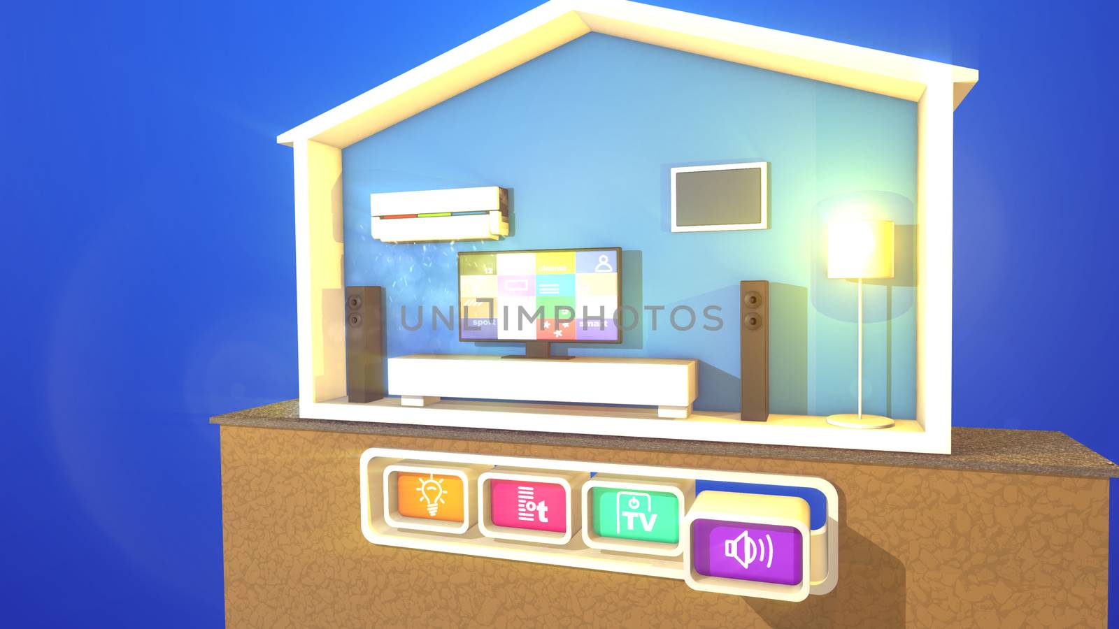 Smart house with switched on lamp, TV and bed by klss