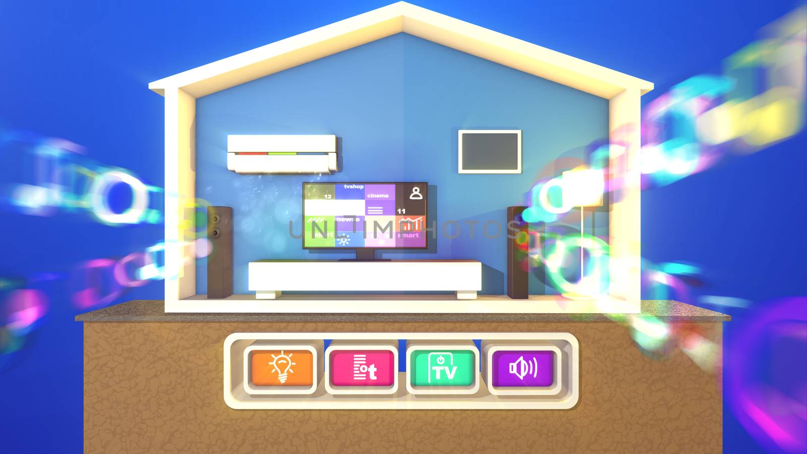 An optimistic 3d illustration of a symmetric smart home with switched on TV plasma TV and eight pictures, long speakers and hazy musical bubbles, lit floor lamp, white bed and conditioner