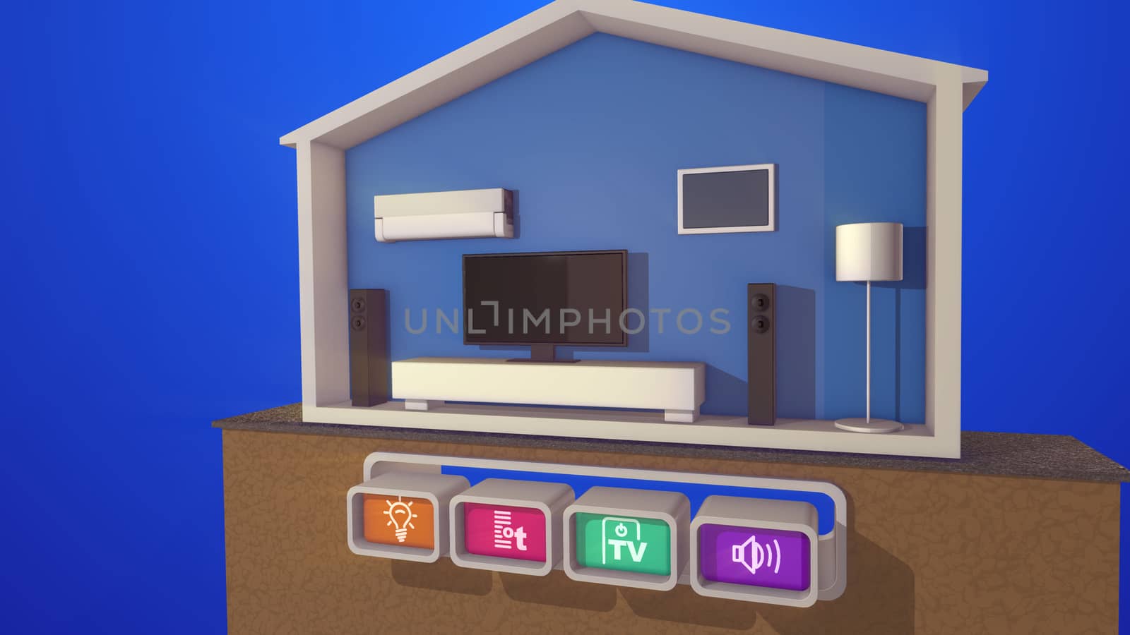 A wonderful 3d illustration of a turned on floor lamp in a smart home section with a black plasma TV, large speakers,  classic floor lamp, white modern bed, air conditioner  and four icons.