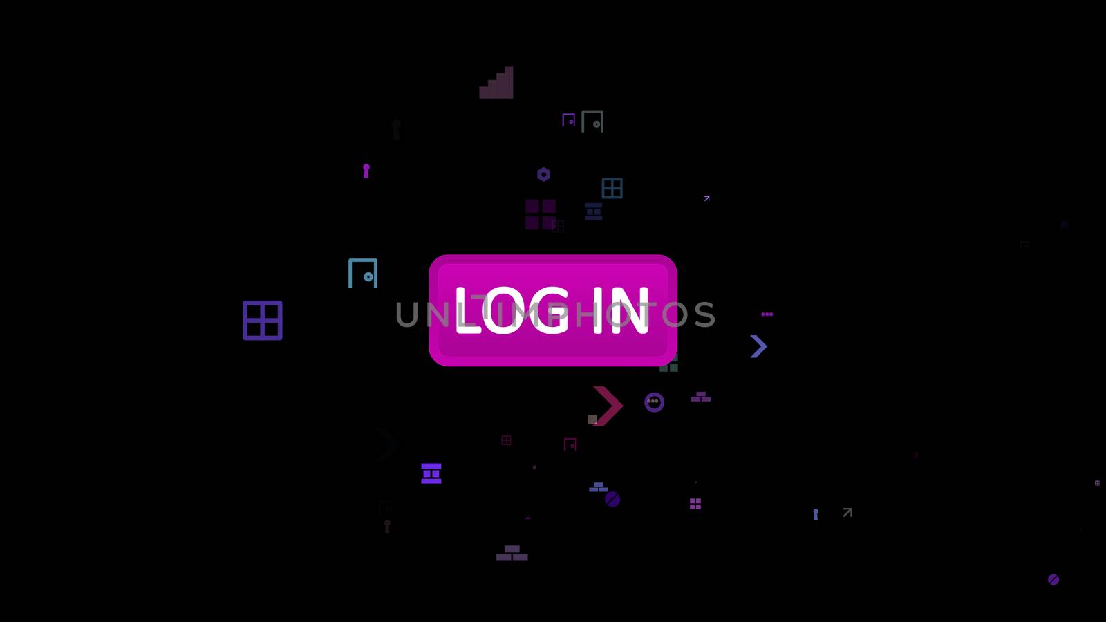 3d illustration of an oval rosy log in icon in the black background with flying bricks, hexagons, screws, staircases, keyholes, spots, windows, arrows, spots and other cheery computer figures.