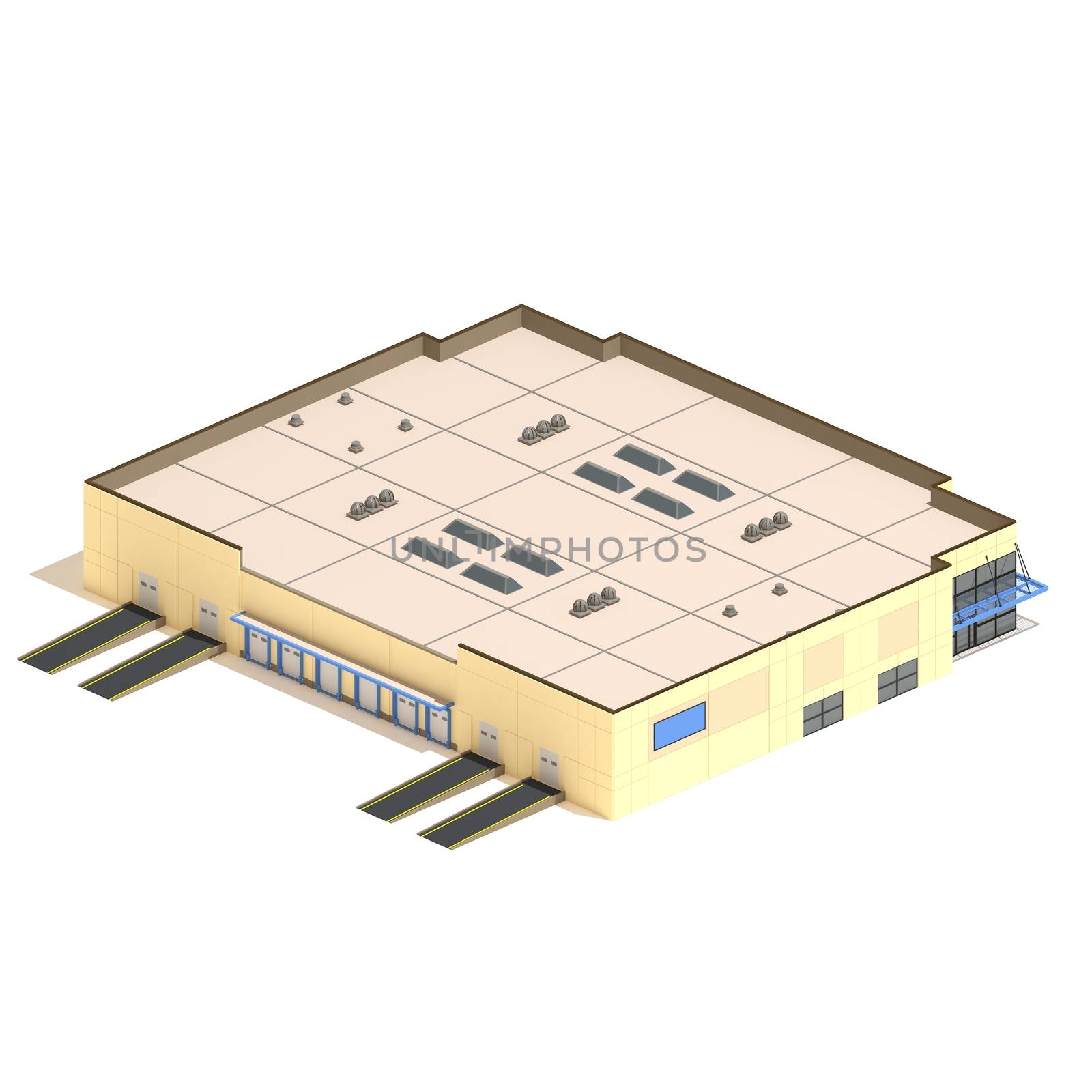 Flat 3d model isometric warehouse building illustration isolated on white background.
