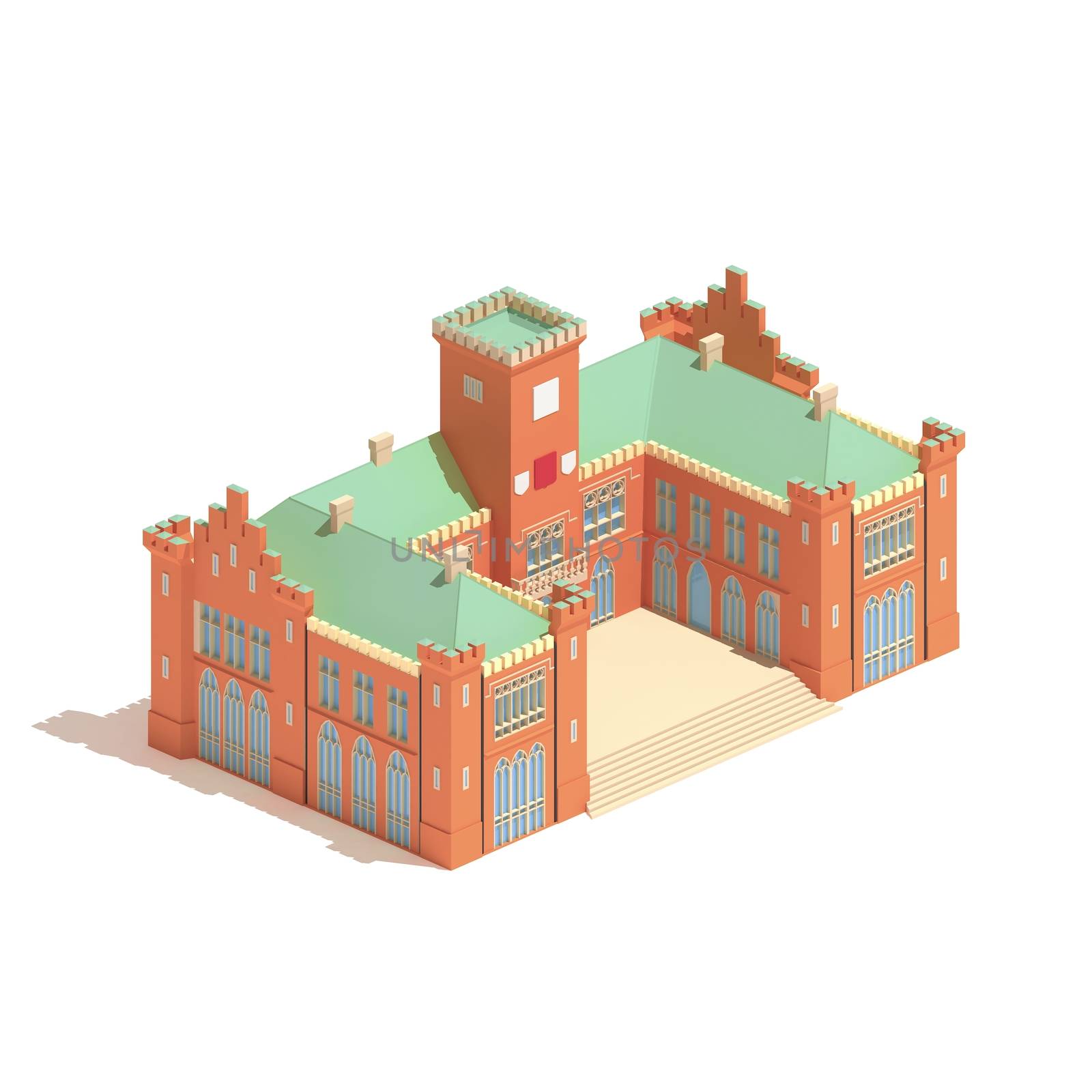 Flat 3d model isometric castle or university building  illustration isolated on white background.
