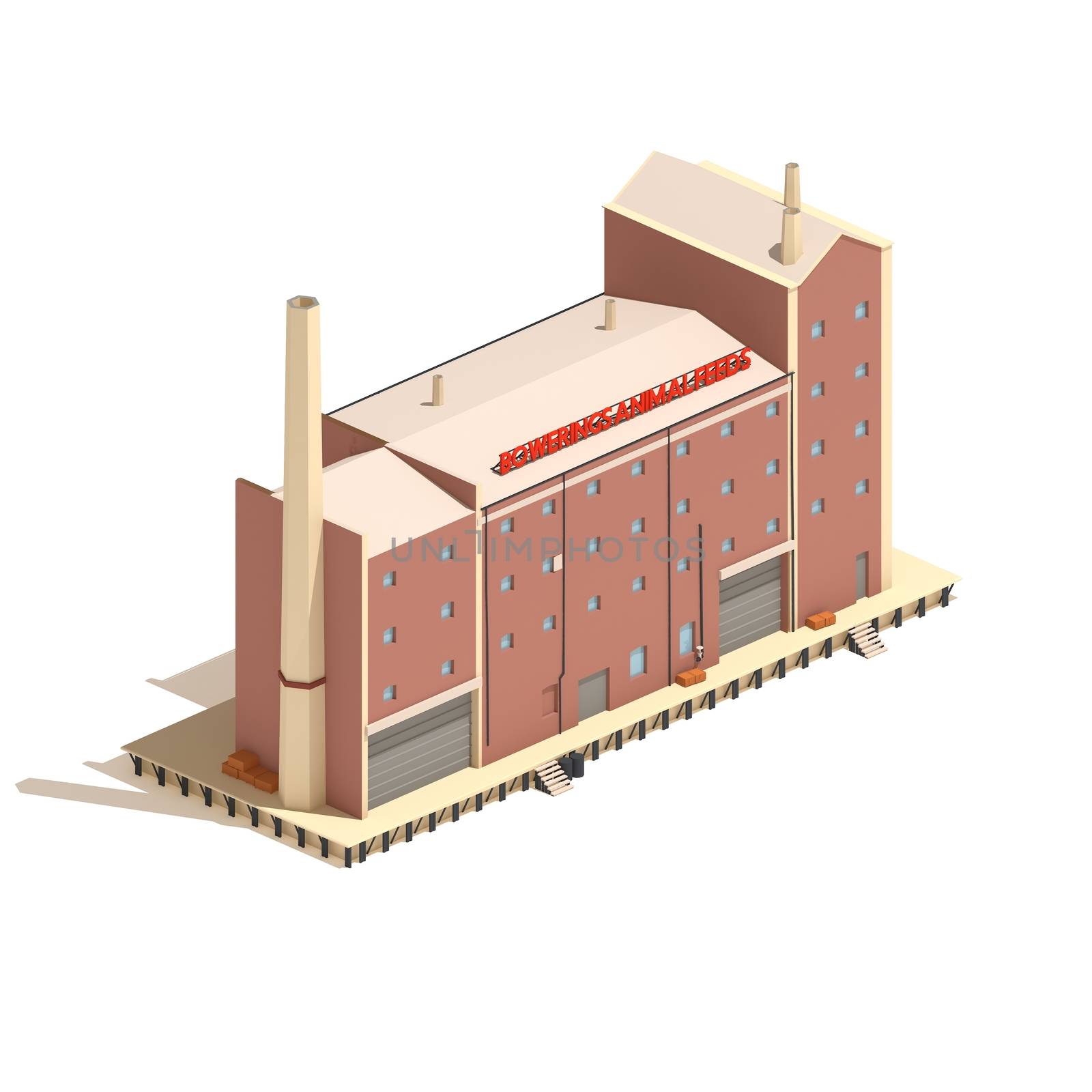 Flat 3d model isometric red brick industry or factory building illustration isolated on white background. by ingalinder