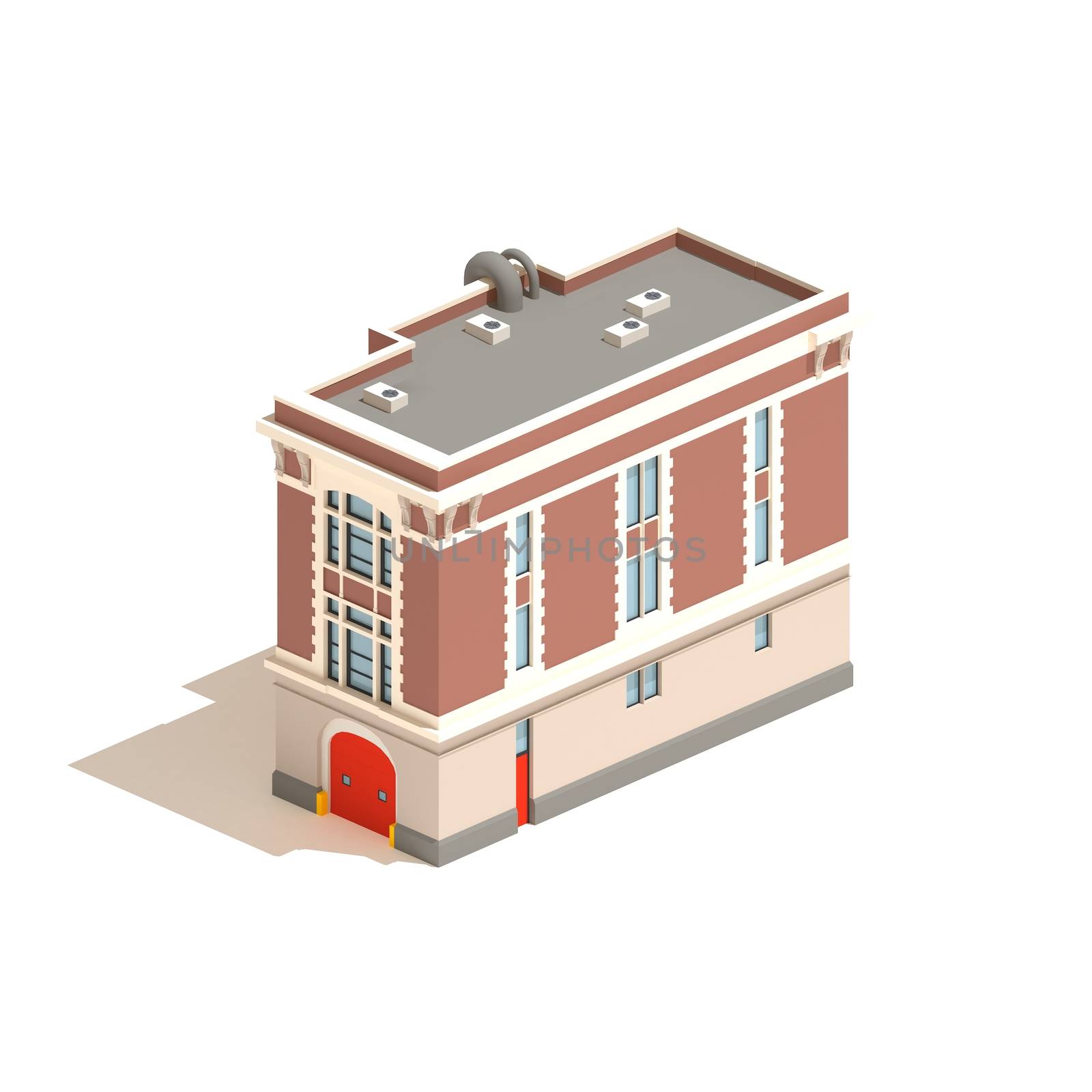 Flat 3d model isometric fire station isolated on white background