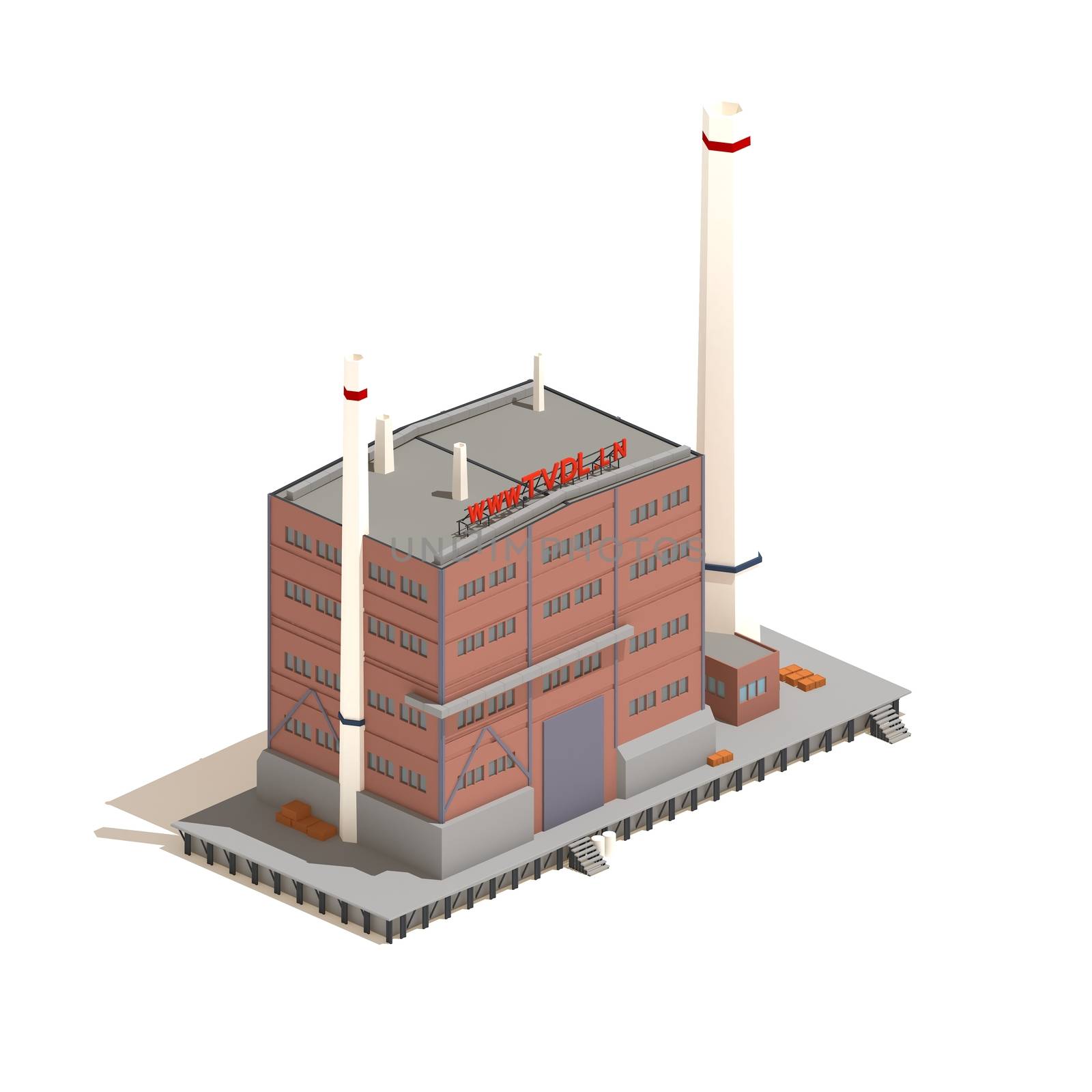 Flat 3d model isometric red brick industry or factory building illustration isolated on white background.