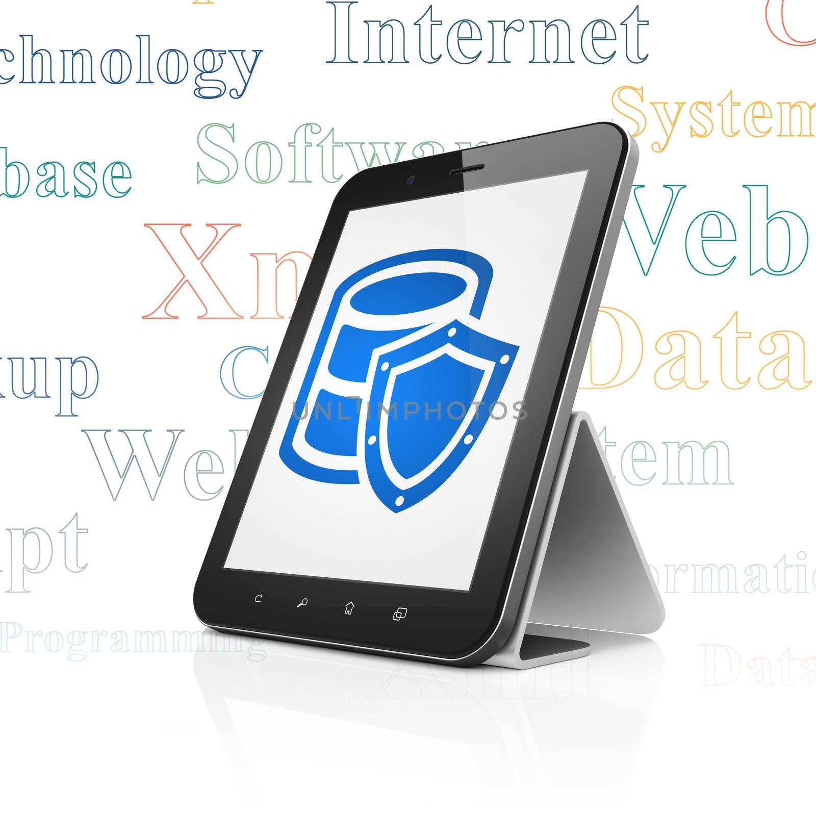 Programming concept: Tablet Computer with  blue Database With Shield icon on display,  Tag Cloud background, 3D rendering