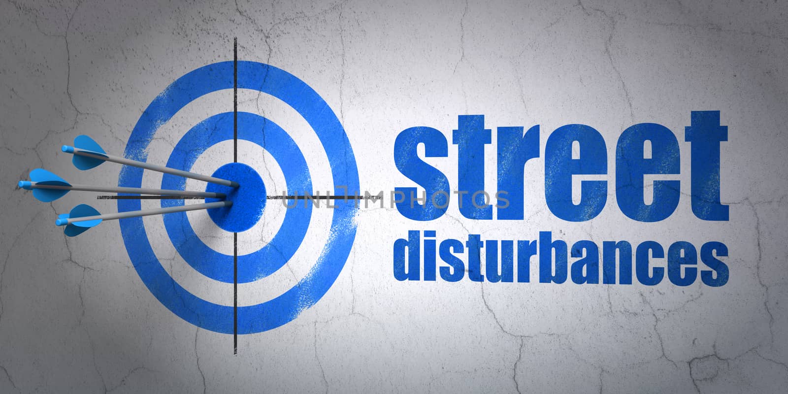 Success political concept: arrows hitting the center of target, Blue Street Disturbances on wall background, 3D rendering