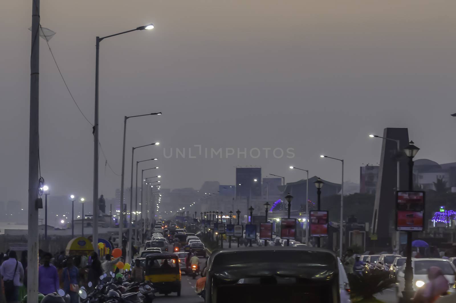 City life, traffic in evening. Busy city in a day. Rush hour heavy traffic jam. Vishakhapatnam. Vizag, India