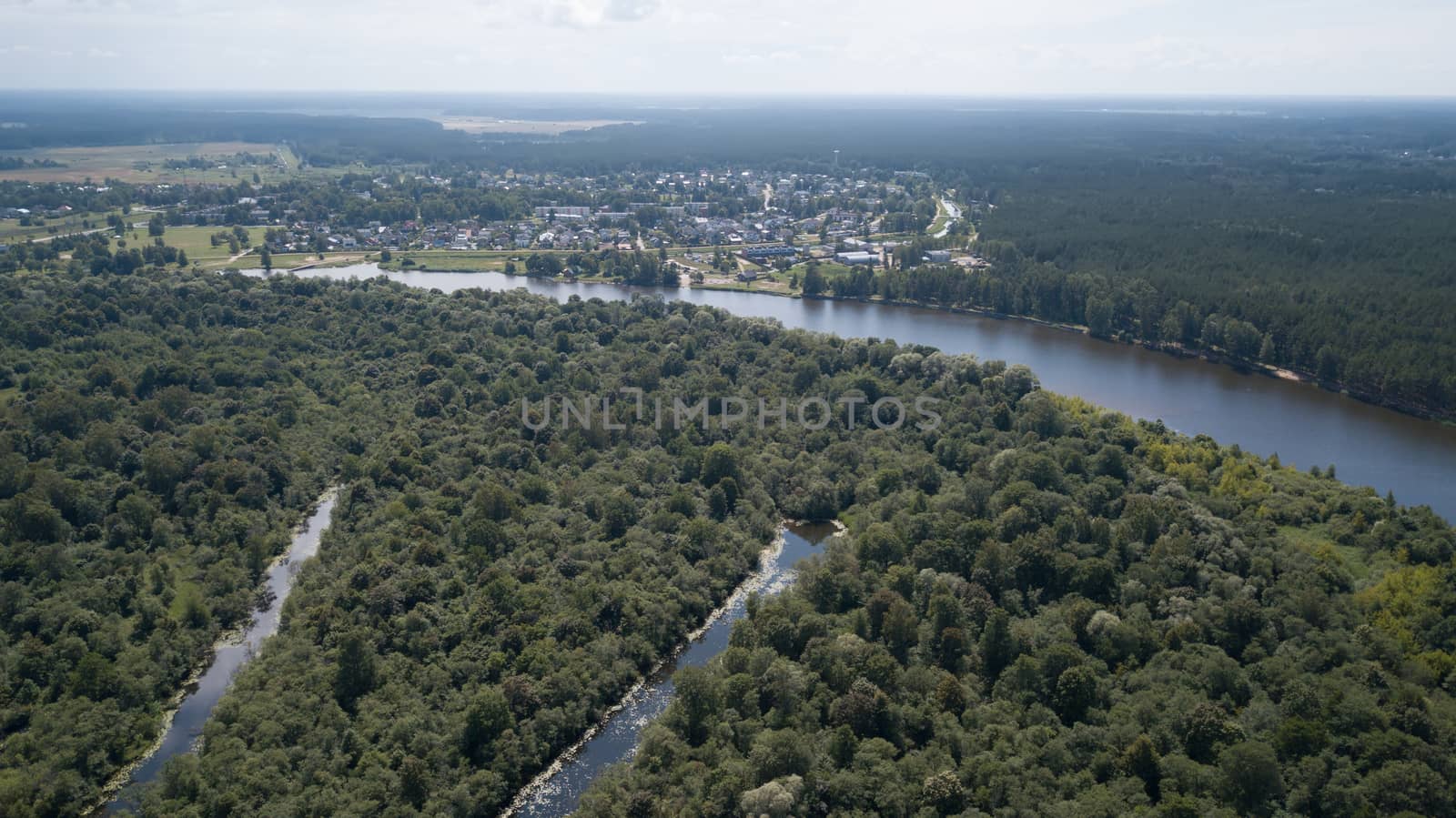 Gauja river Latvia drain into Baltic Sea aerial drone top view