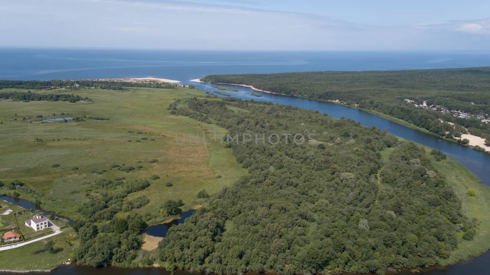 Gauja river Latvia drain into Baltic Sea aerial drone top view