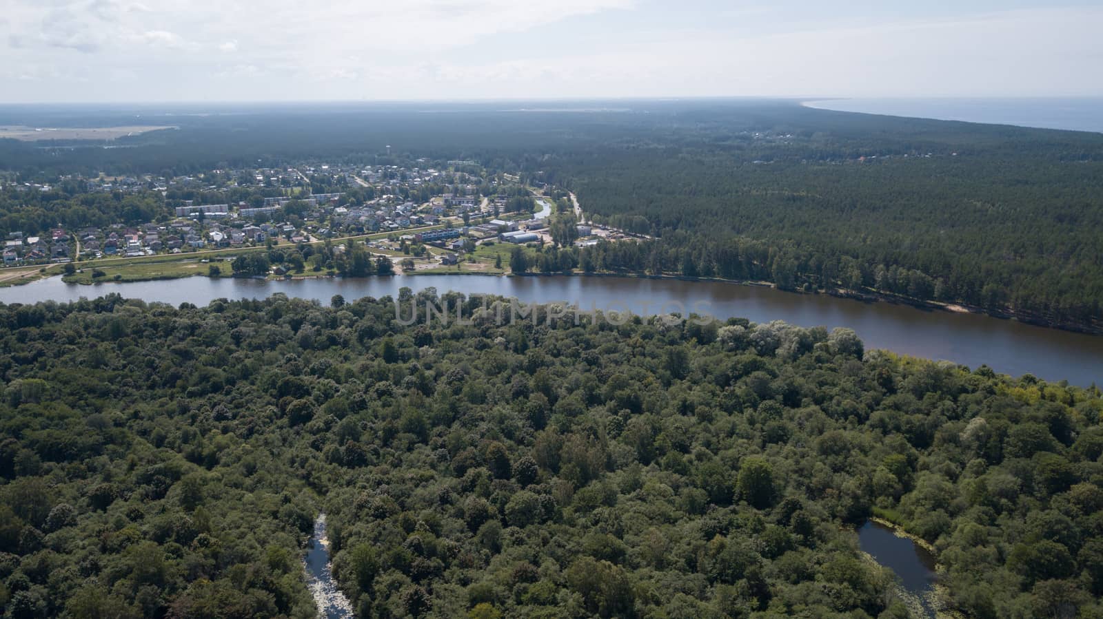 Gauja river Latvia drain into Baltic Sea aerial drone top view