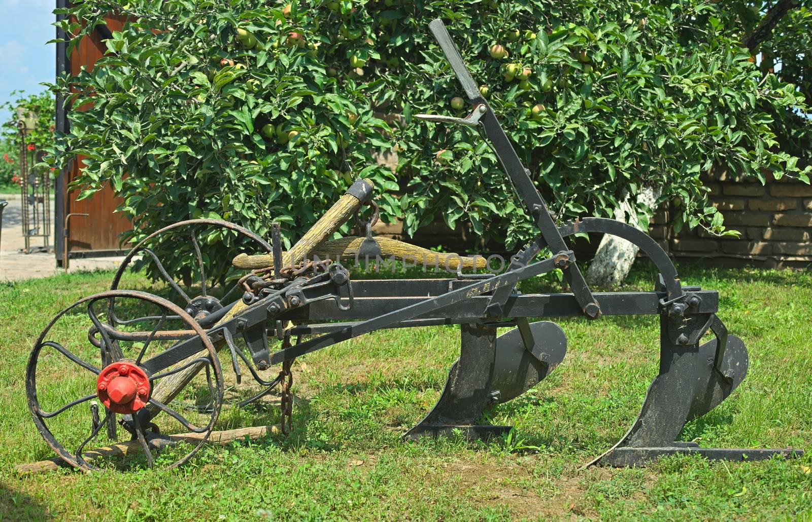 Old restored vintage plow sitting on grass in yard by sheriffkule