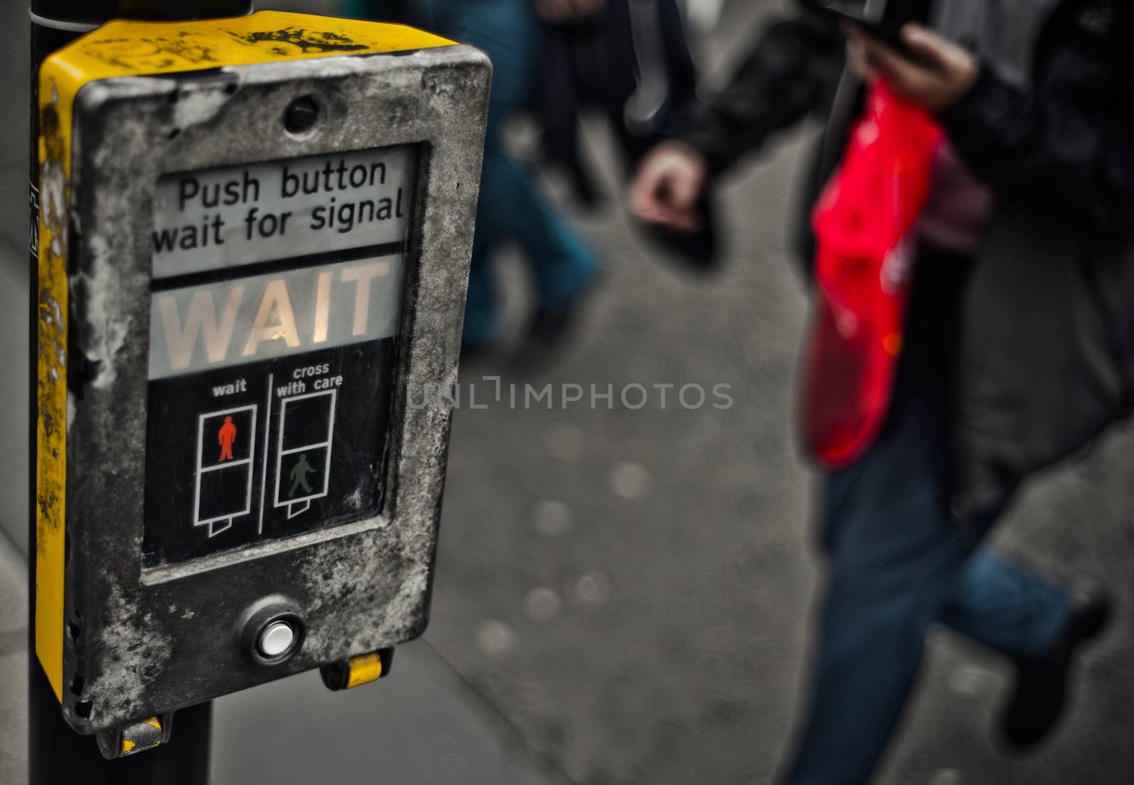 Grungy Urban City Scene Of People Crossing A Street In The UK With Copy Space