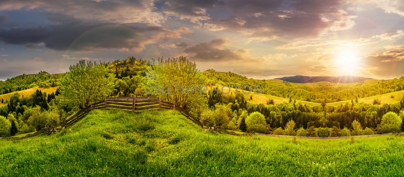 fence on hillside meadow in mountain  at sunset by Pellinni