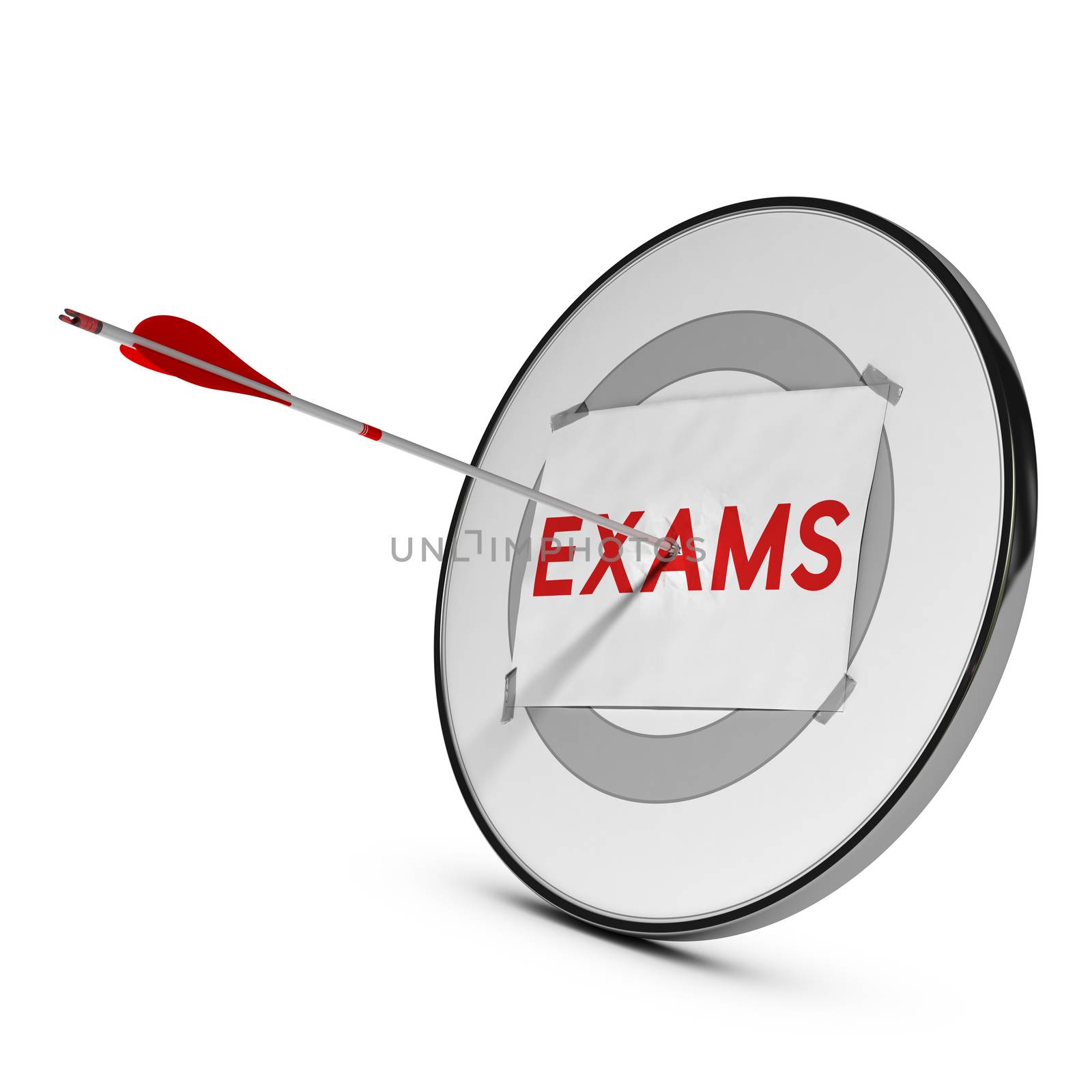 3d illustration of a target and one arrow reaching the center of the word exams over white background. Concept examinations success.
