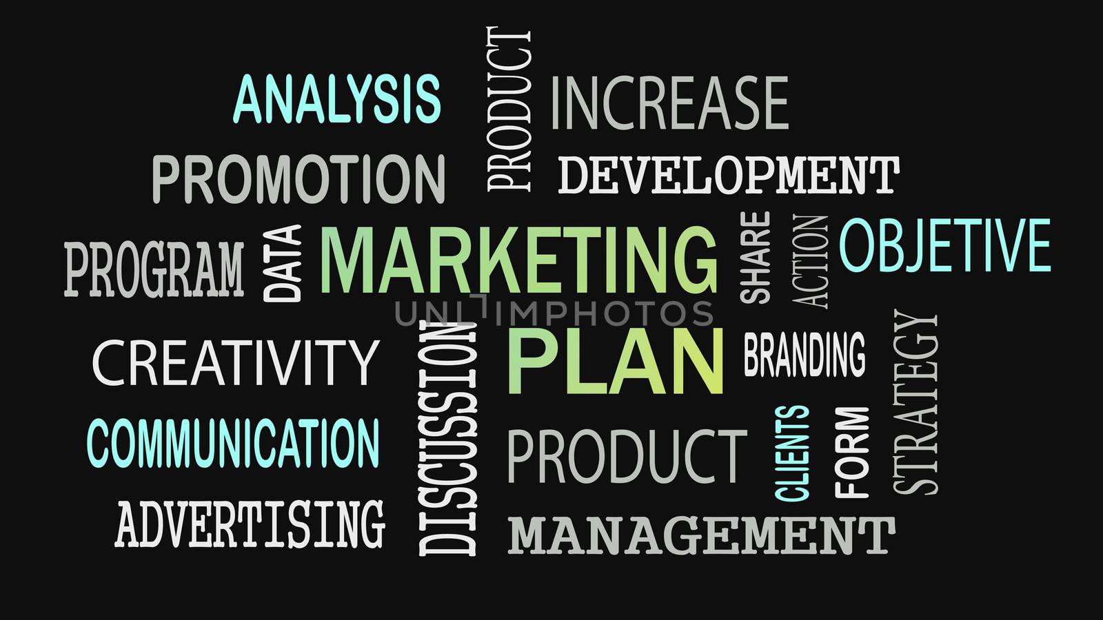 Marketing Plan word cloud concept on black background.