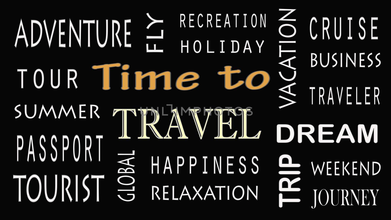 Time to Travel concept word cloud on black background.