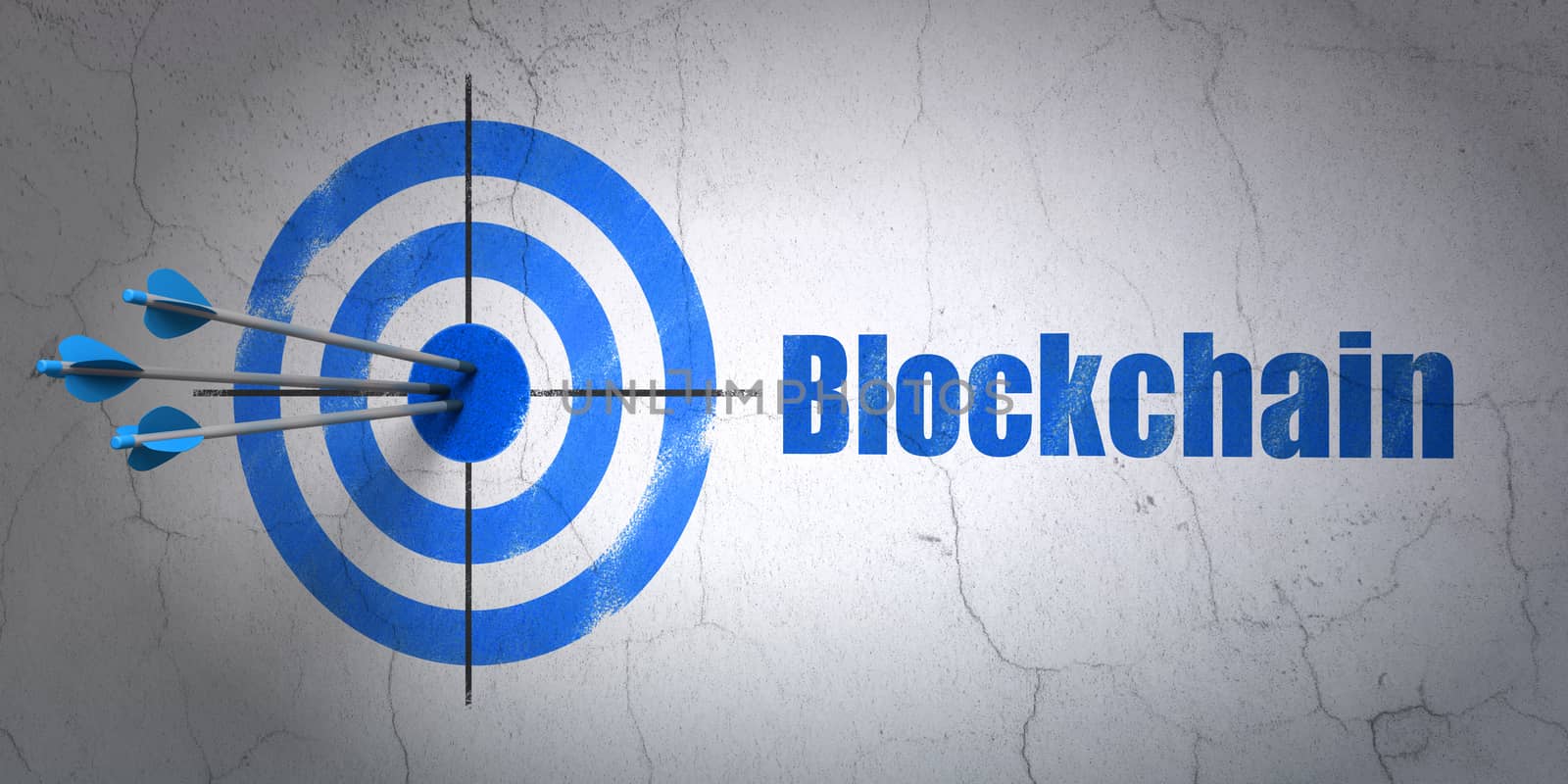 Success money concept: arrows hitting the center of target, Blue Blockchain on wall background, 3D rendering