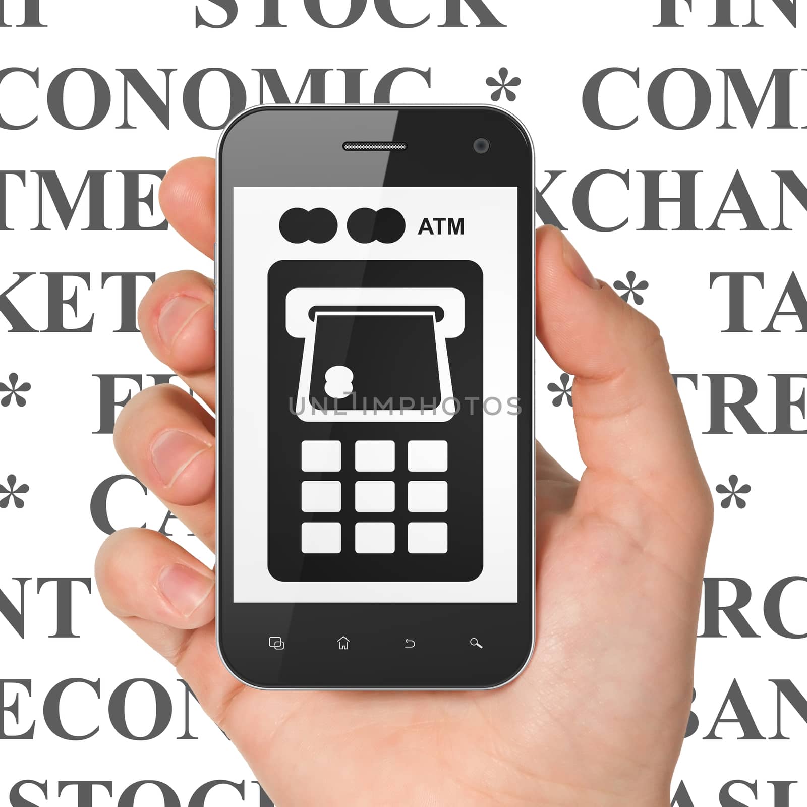 Banking concept: Hand Holding Smartphone with  black ATM Machine icon on display,  Tag Cloud background, 3D rendering