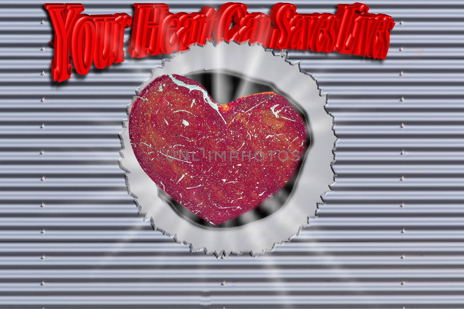 Background, metal wall checker plate with hole and heart with inscription in  English - Your heart can save lives