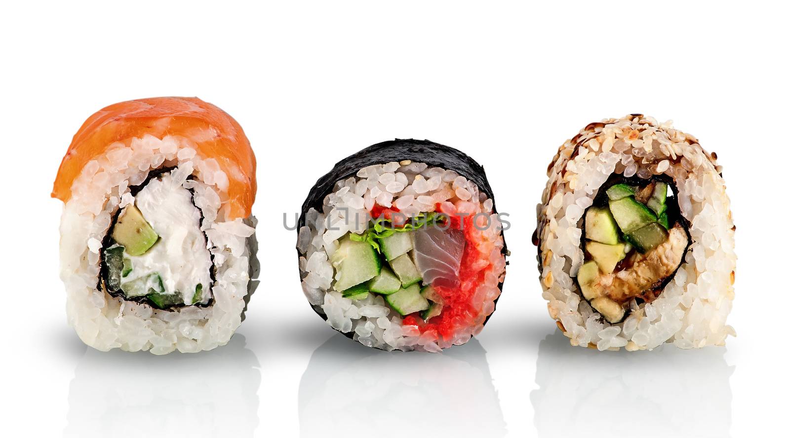 Various sushi rolls in a row by Cipariss