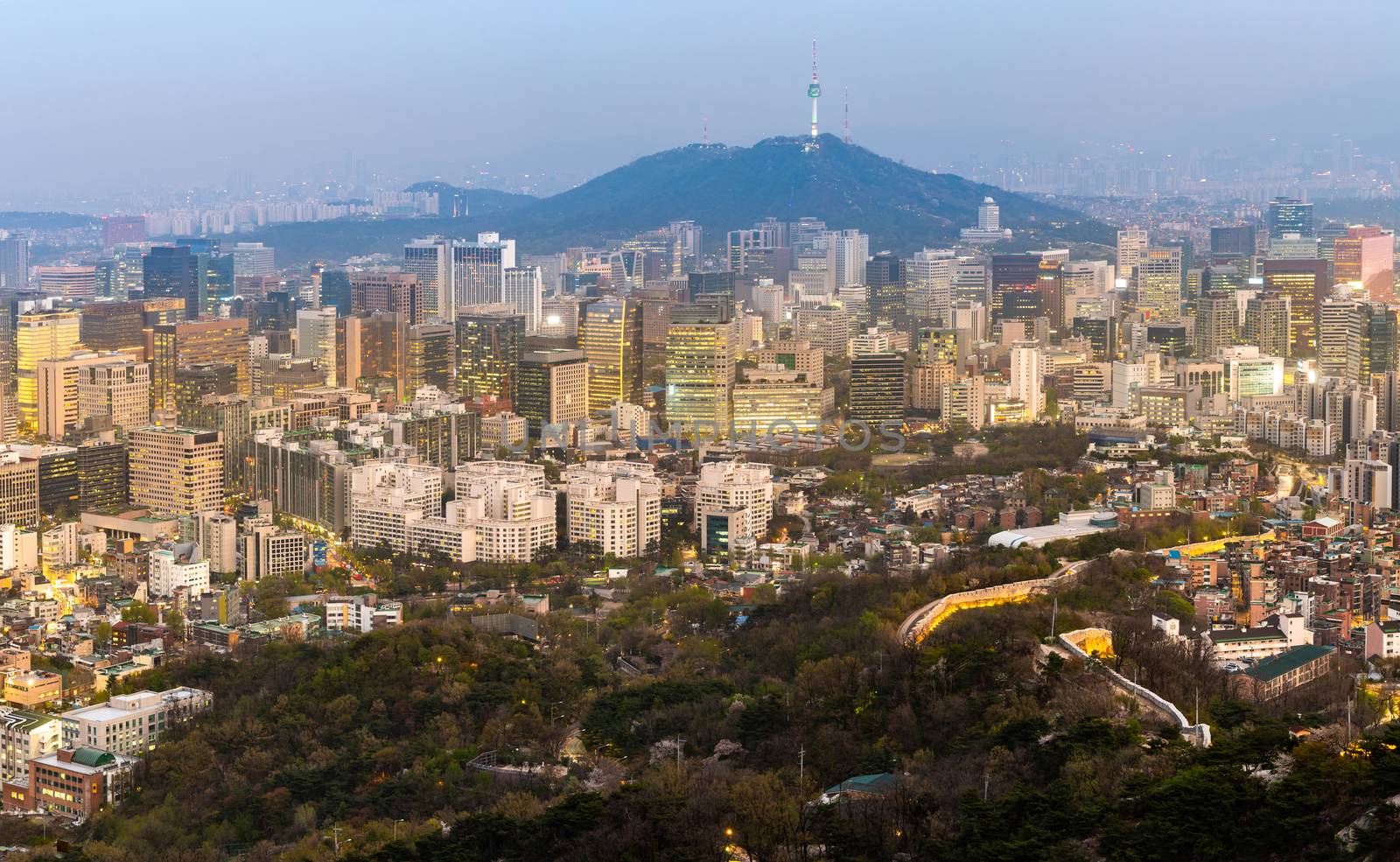 Aerial Sunset and Night view of Seoul Downtown cityscape with Seoul Tower in South Korea panorama