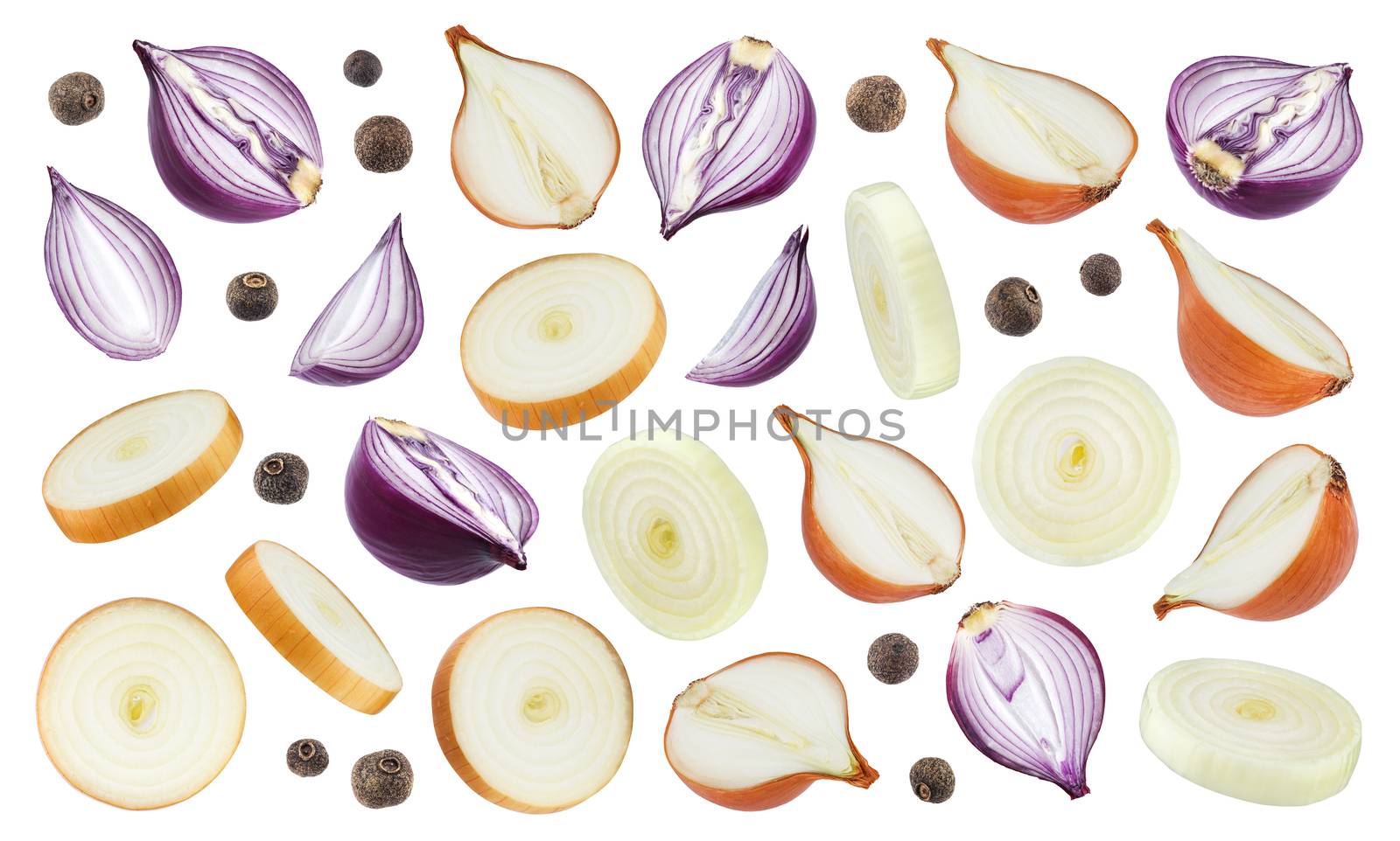 Onion slices and black pepper isolated on white background by xamtiw