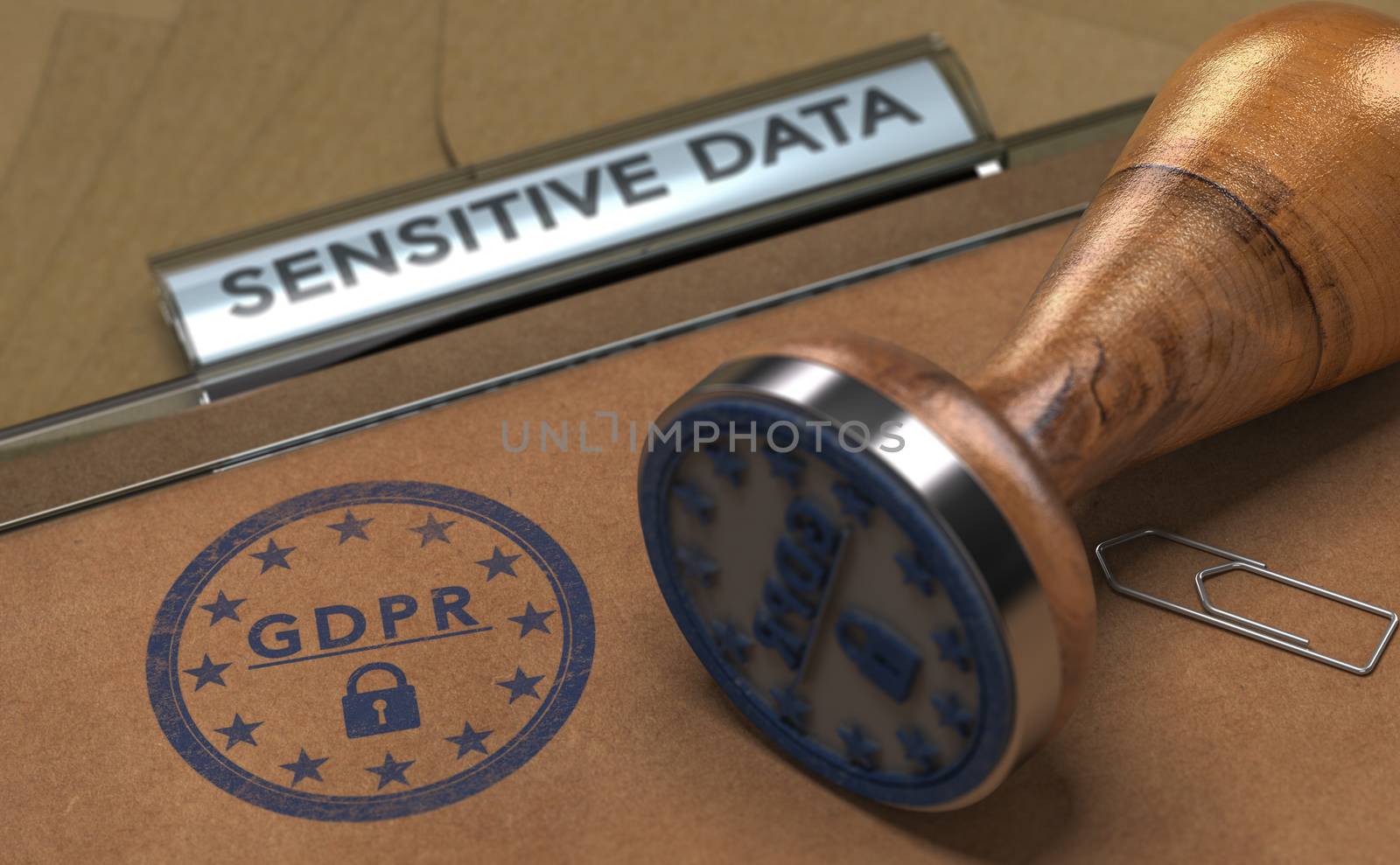 GDPR label stamped on a file background with the text sensitive data and a rubber stamp. Concept of European General Data Protection Regulation compliance. 3D illustration