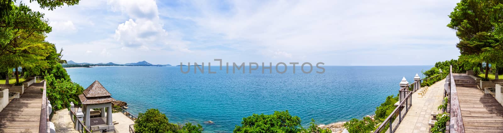 Lad Koh View Point, High angle view panorama beautiful nature landscape of rocks on the coastline with blue sea under the summer sky at Koh Samui island, Surat Thani, Thailand