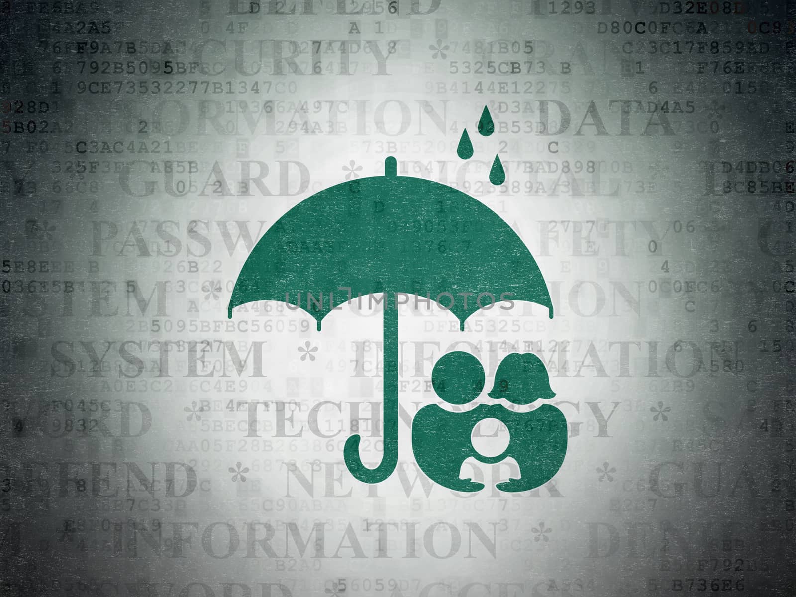 Safety concept: Painted green Family And Umbrella icon on Digital Data Paper background with  Tag Cloud