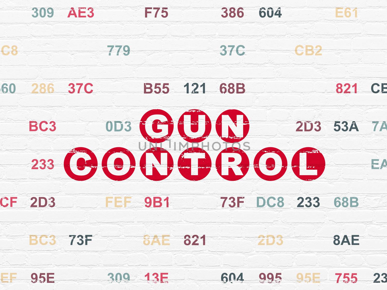 Protection concept: Painted red text Gun Control on White Brick wall background with Hexadecimal Code