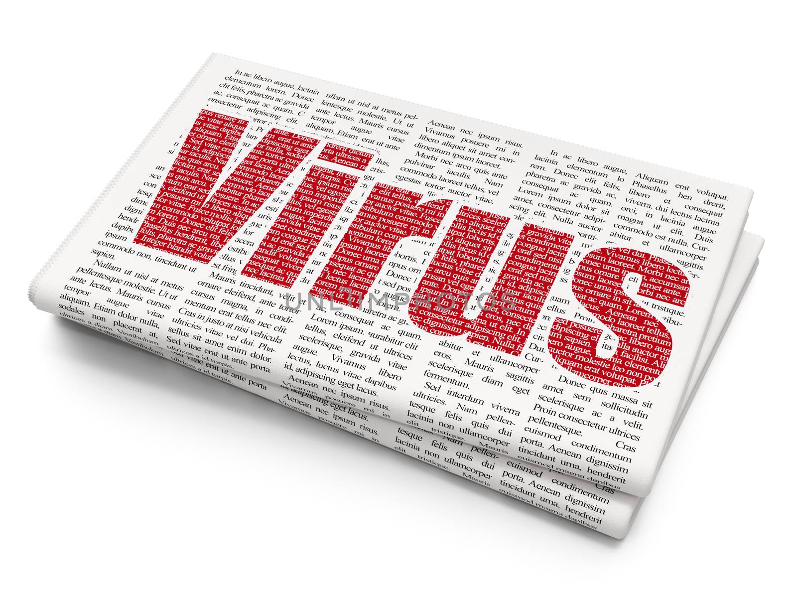 Protection concept: Pixelated red text Virus on Newspaper background, 3D rendering