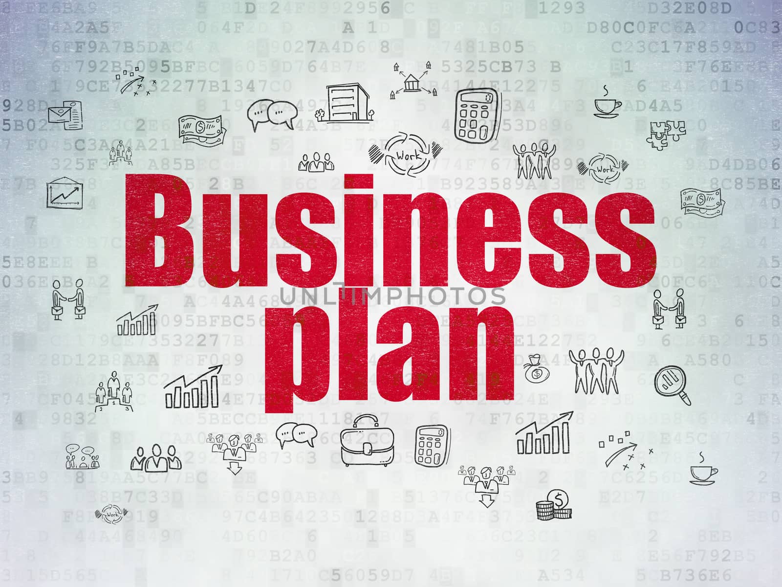 Business concept: Painted red text Business Plan on Digital Data Paper background with  Hand Drawn Business Icons