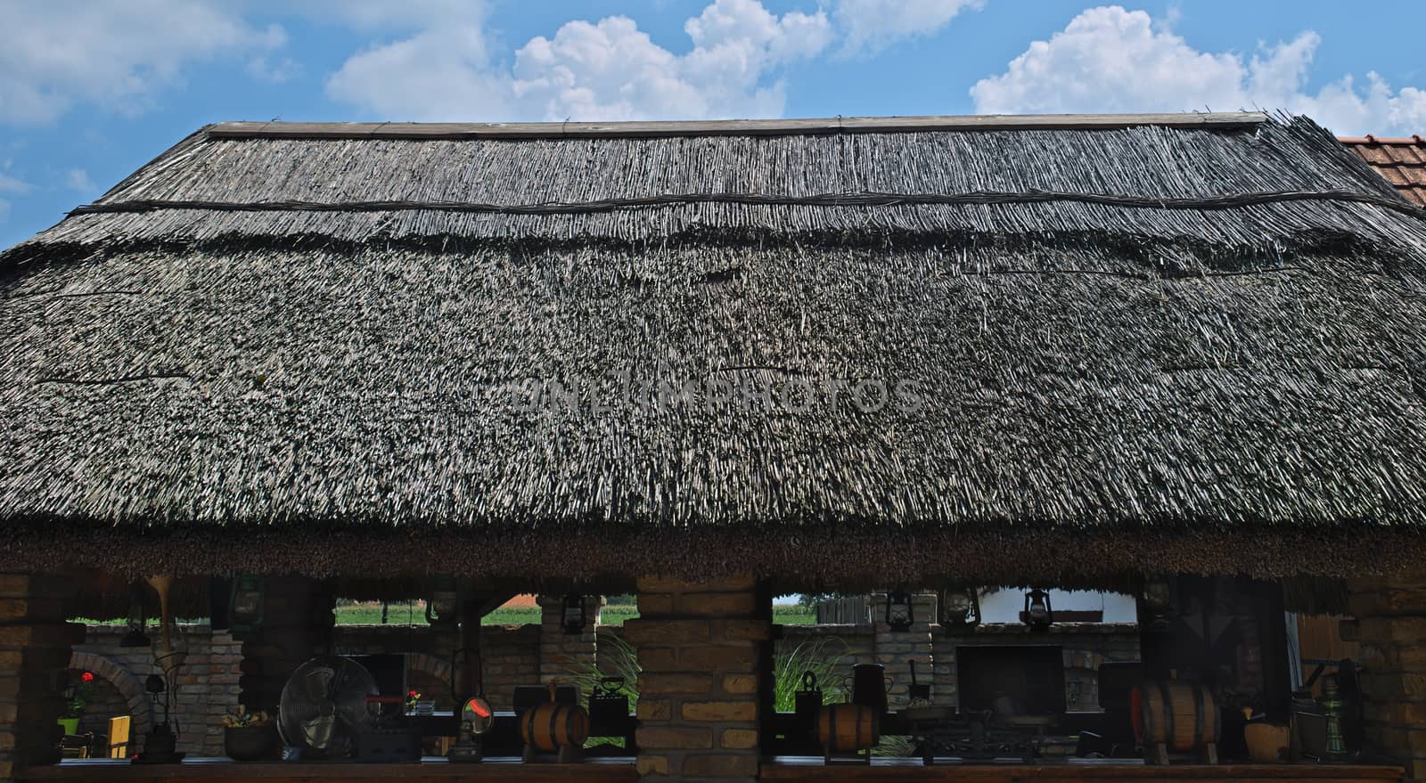 Reed roof on Serbian traditional shed, close up