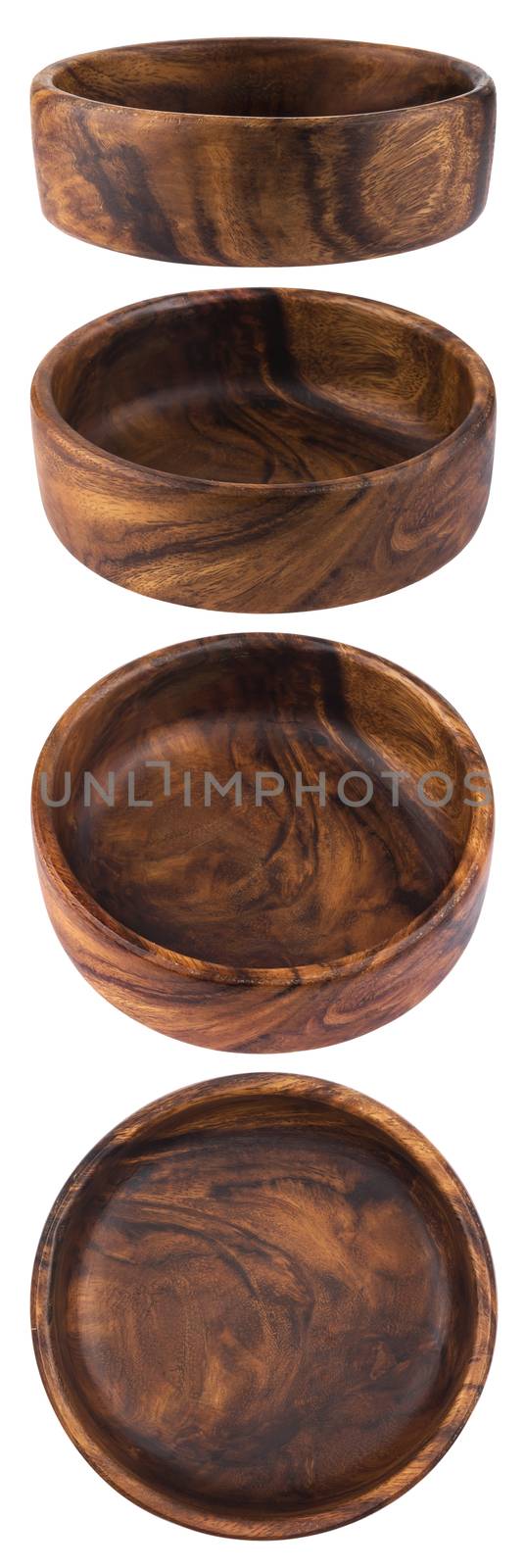 Collection of empty wooden bowls isolated on white background with clipping path.