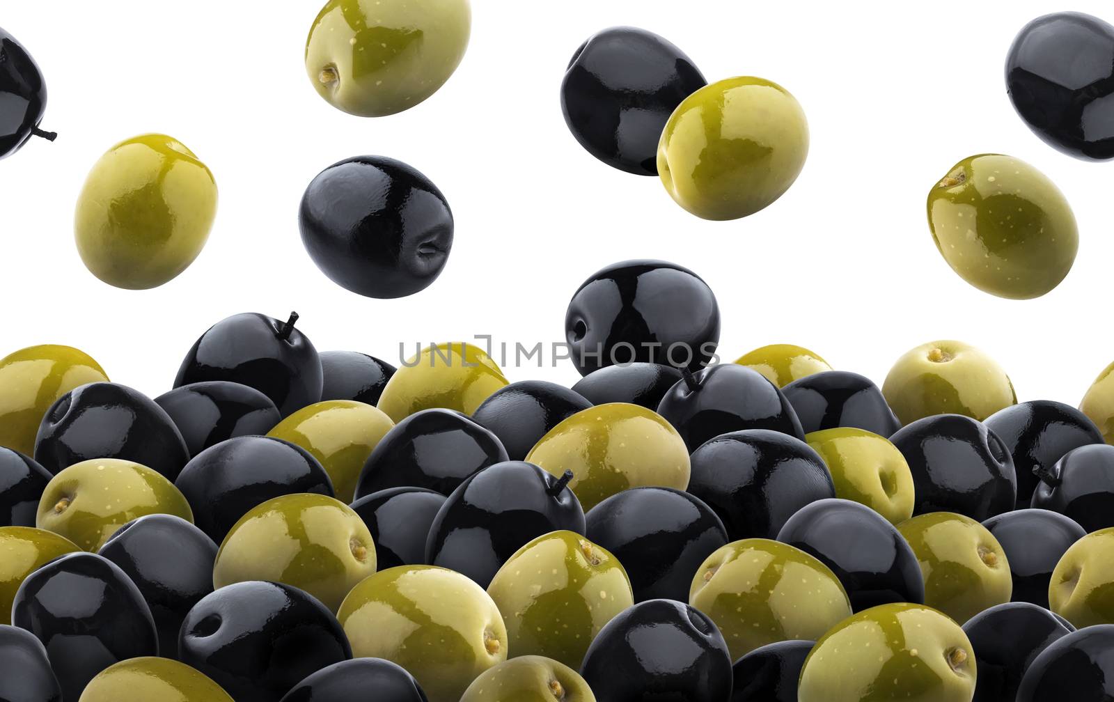 Mixed green and black olives seamless pattern isolated on white background. Heap of green olives