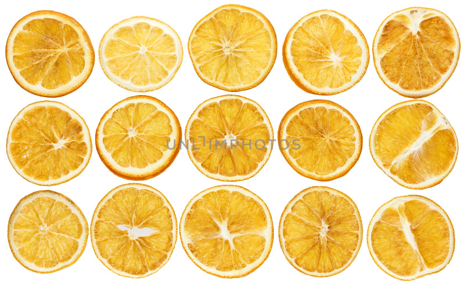 Dried oranges isolated on white background closeup by xamtiw
