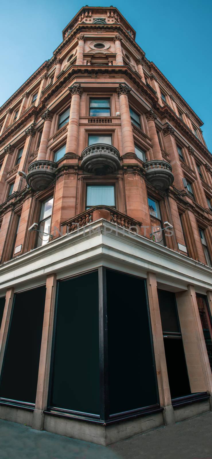 High Resolution Vertical Panorama Of A Flagship High Street Department Store Or Shop With Blank Display Windows