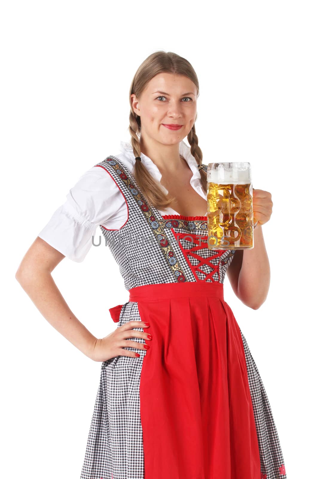 Beautiful Oktoberfest woman holding beer mug isolated on white background