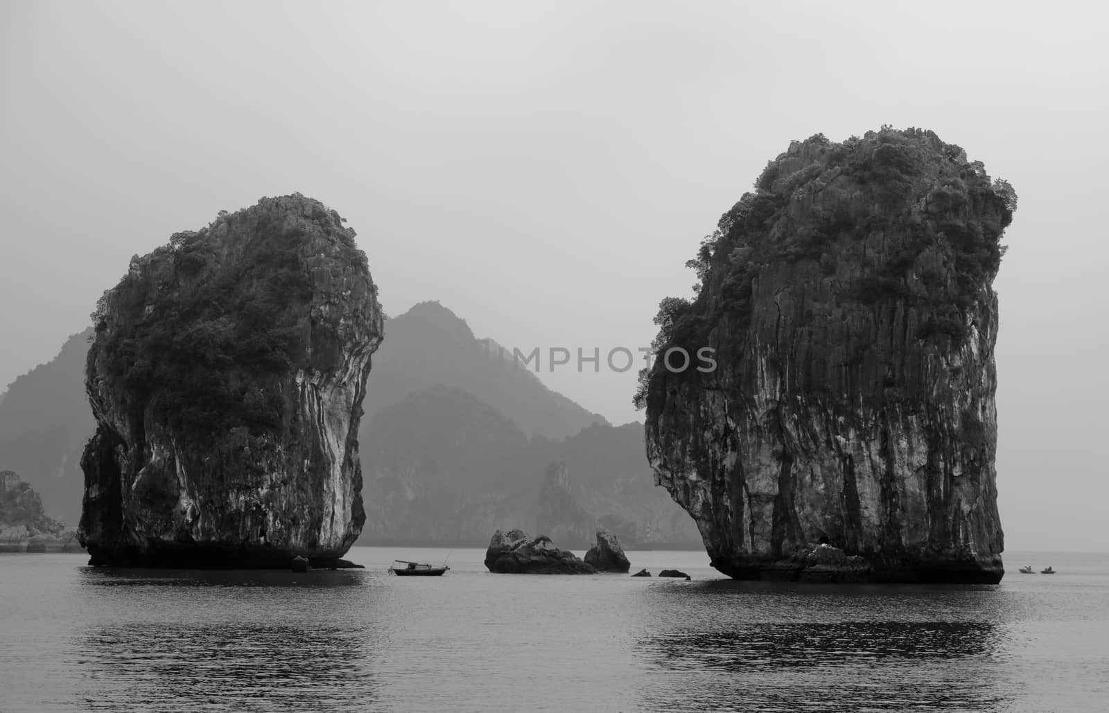 Odd-shaped limestone rock in Ha Long Bay, Vietnam