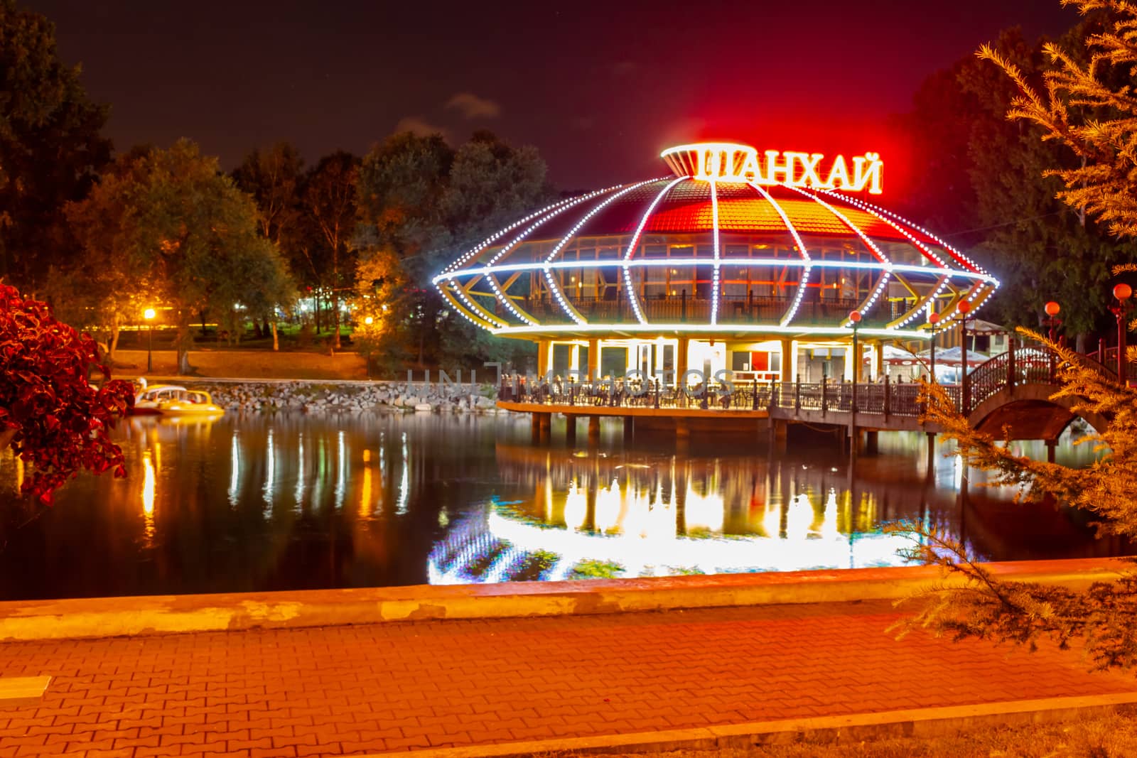 Night city landscape. City ponds Khabarovsk in the light of lanterns, which are reflected in the water.