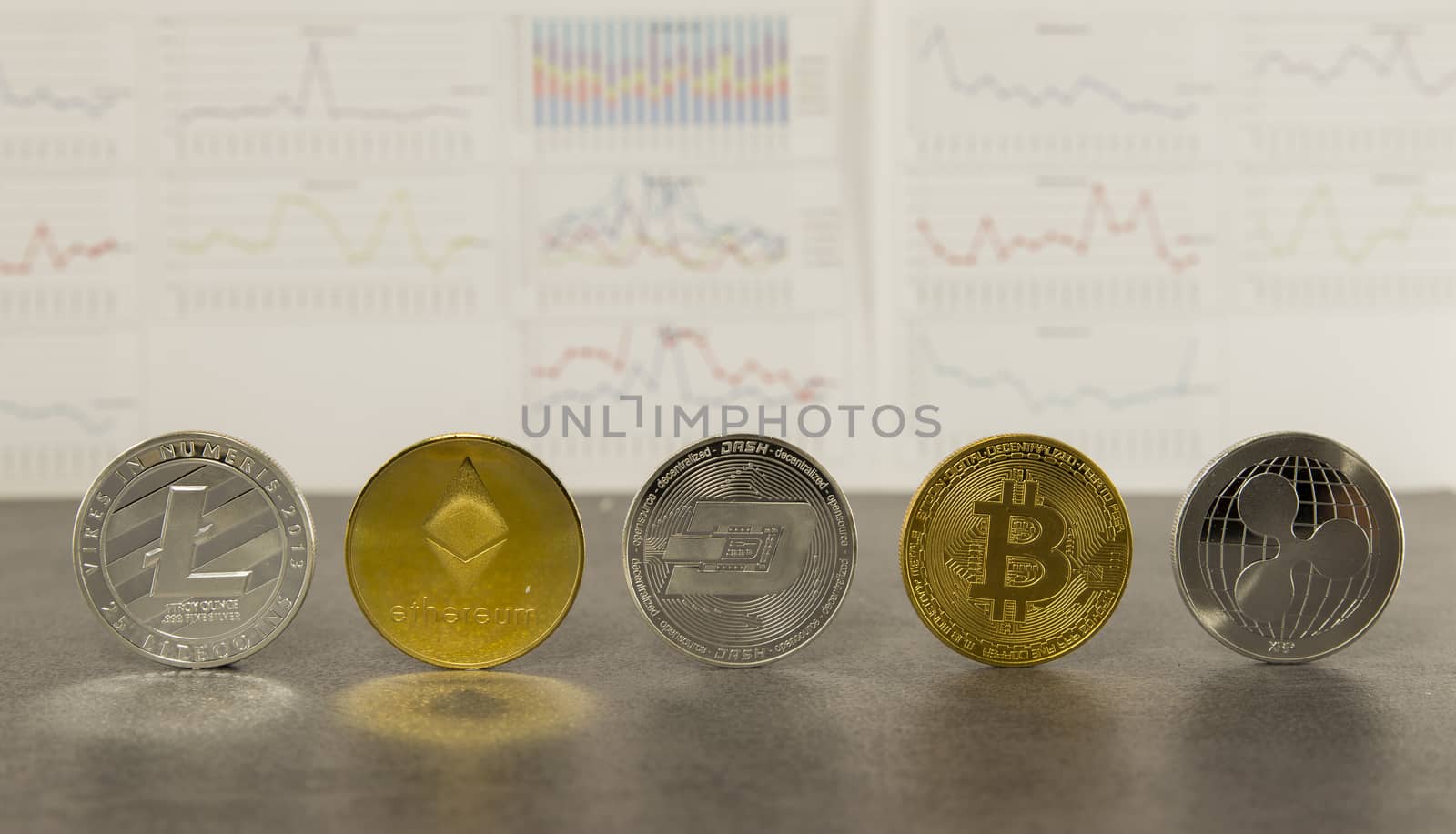 a litecoin and ethereum and dash and bitcoin and ripple together for a background of graphics