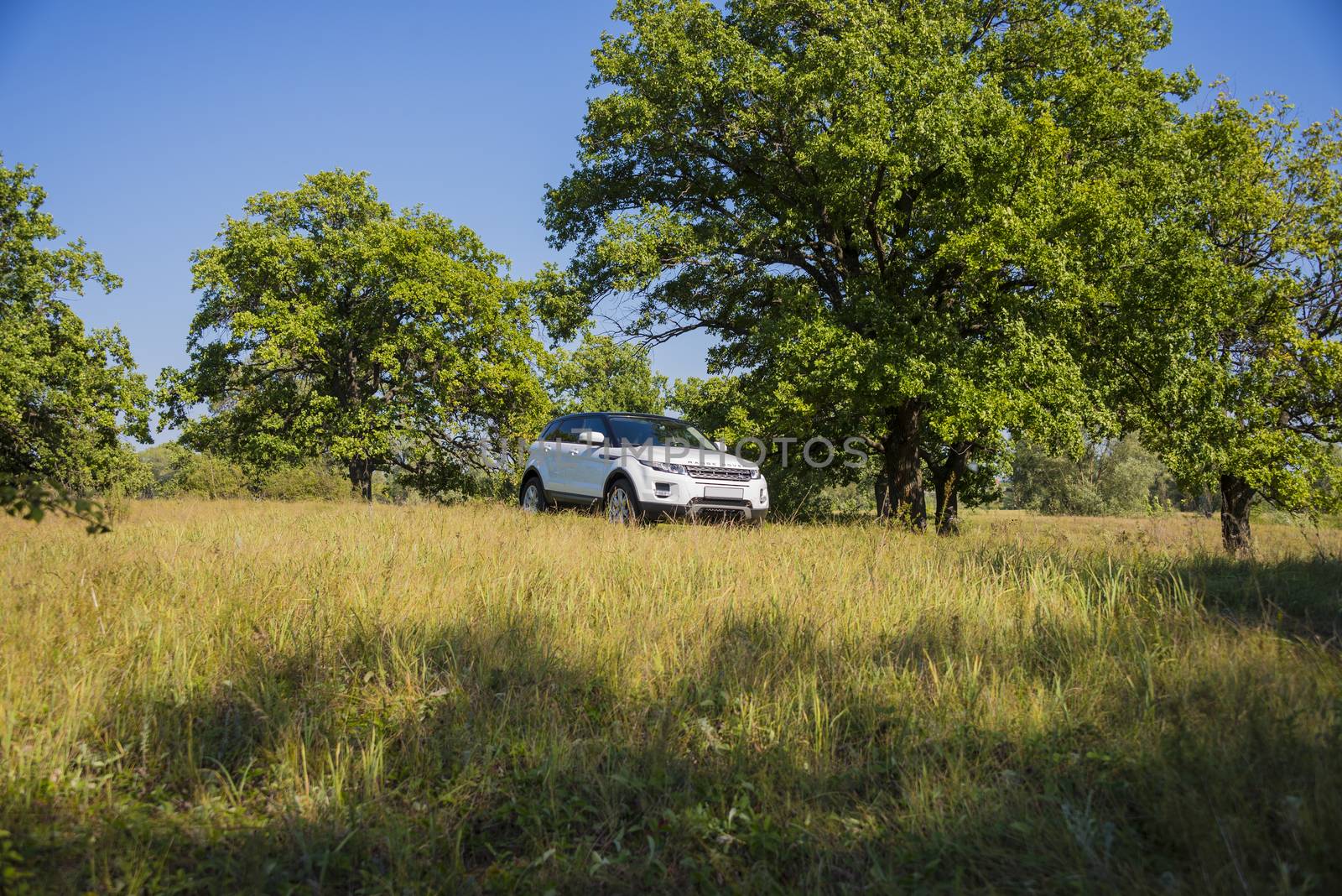 Car Land Rover Range Rover in summer Sunny weather in the summer landscape of the Samara region, Russia. August 21, 2018.