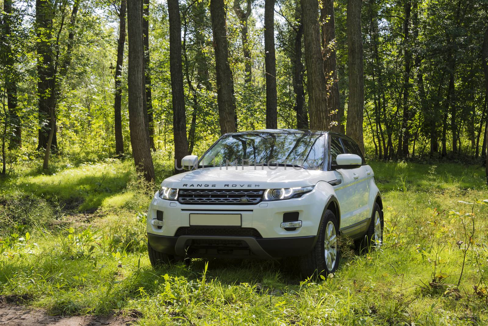 Car Land Rover Range Rover in summer Sunny weather in the summer landscape of the Samara region, Russia. August 21, 2018 by butenkow