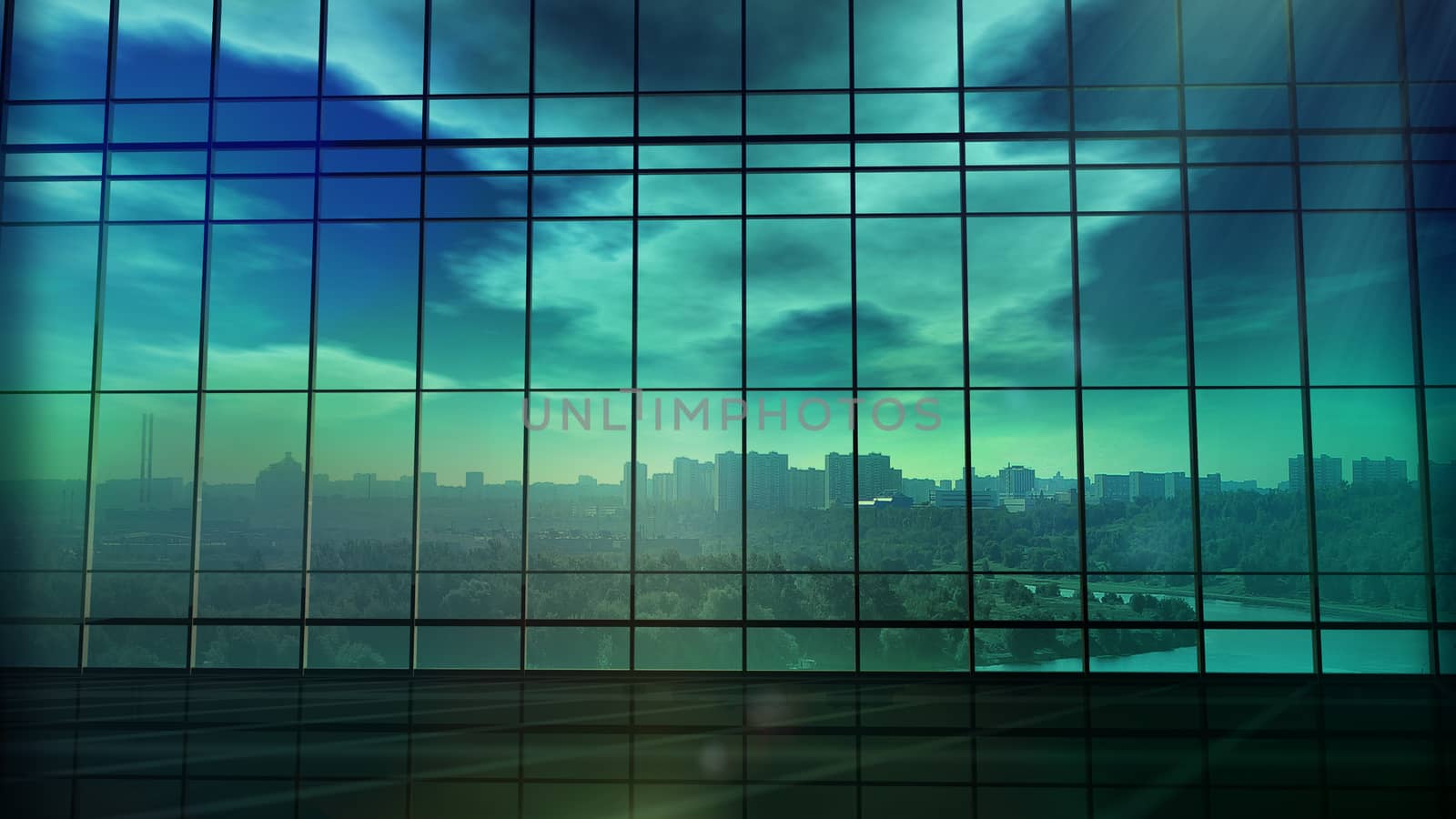 Blue-green large office building in front of a panoramic glass window.