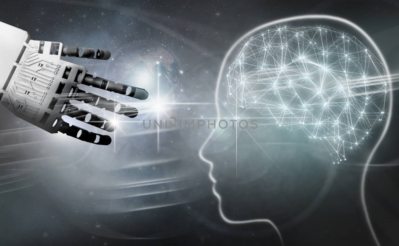 Robot hand reaching towards digital brain 