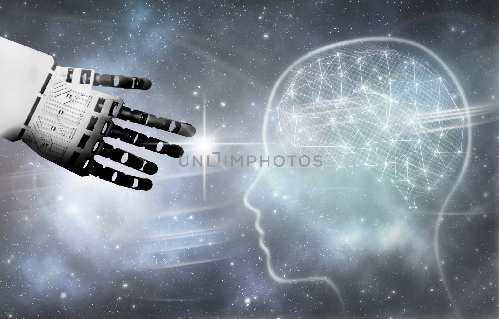 Robot hand reaching towards a brain 