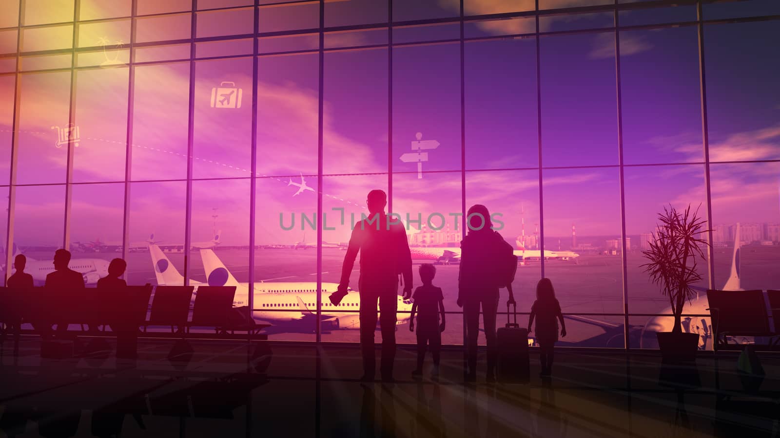 The family is preparing for the summer trip, standing in the airport departure hall and watching the aircraft.