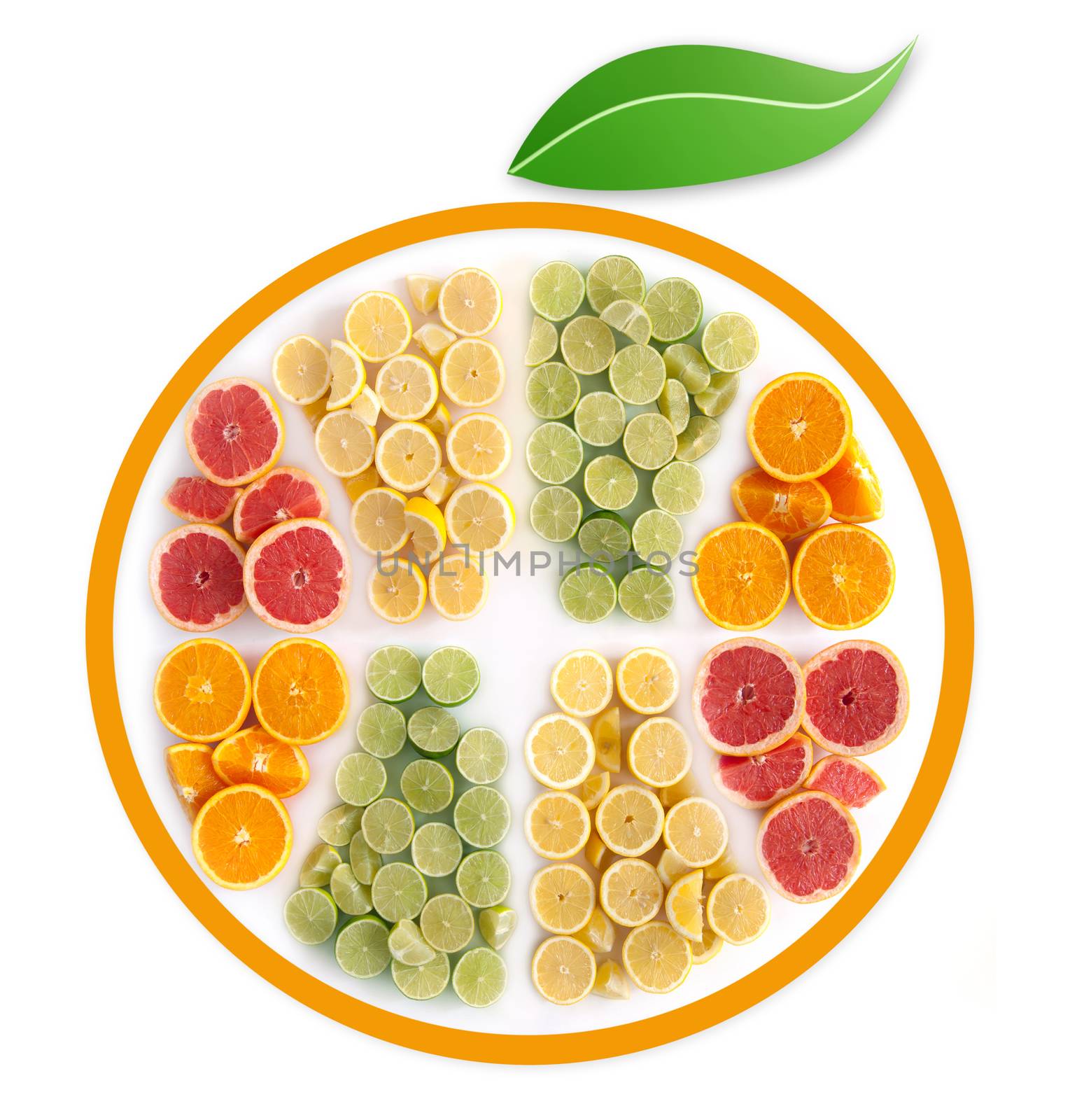 Many fruits in the shape of a sliced citrus including oranges, grapefruits, lemons and limes