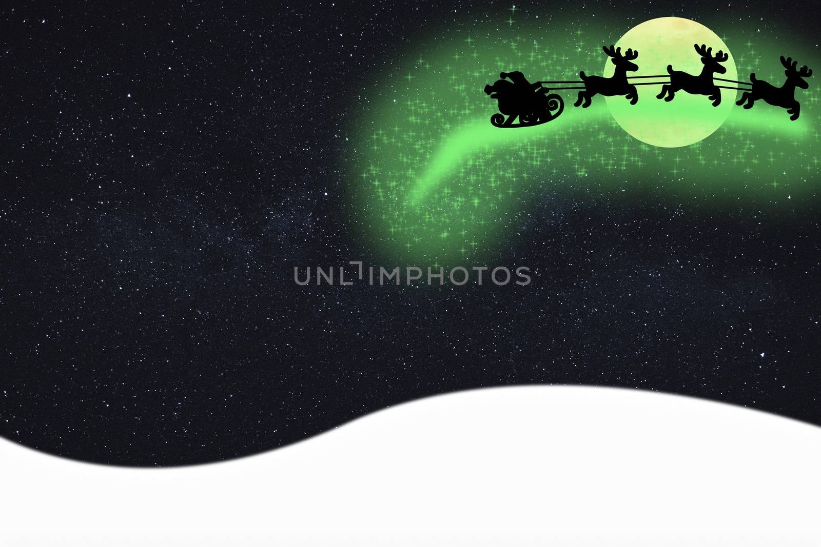 merry christmas card santa claus flying in the air on his sleigh leaving magical sparkle star dust at night time with a sky filled with stars by charlottebleijenberg